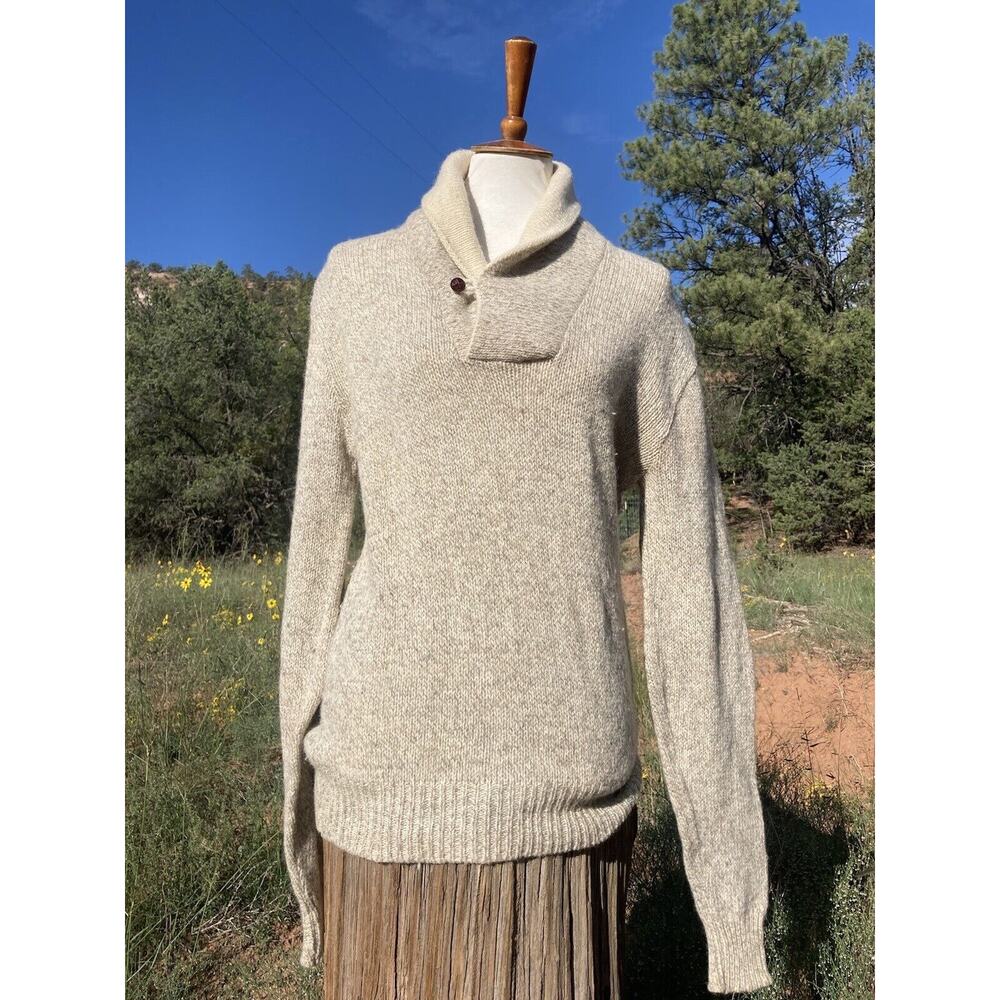 Vtg Boathouse Row Oatmeal Tan Shawl Collar Wool Pullover Sweater MED Fisherman
